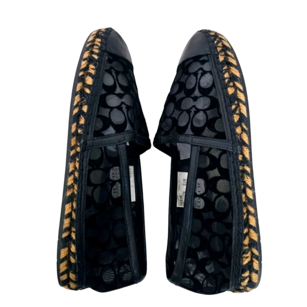 Coach Cleo Black Logo Round Leather Cap Toe Mesh Slip-On‎ Espadrilles